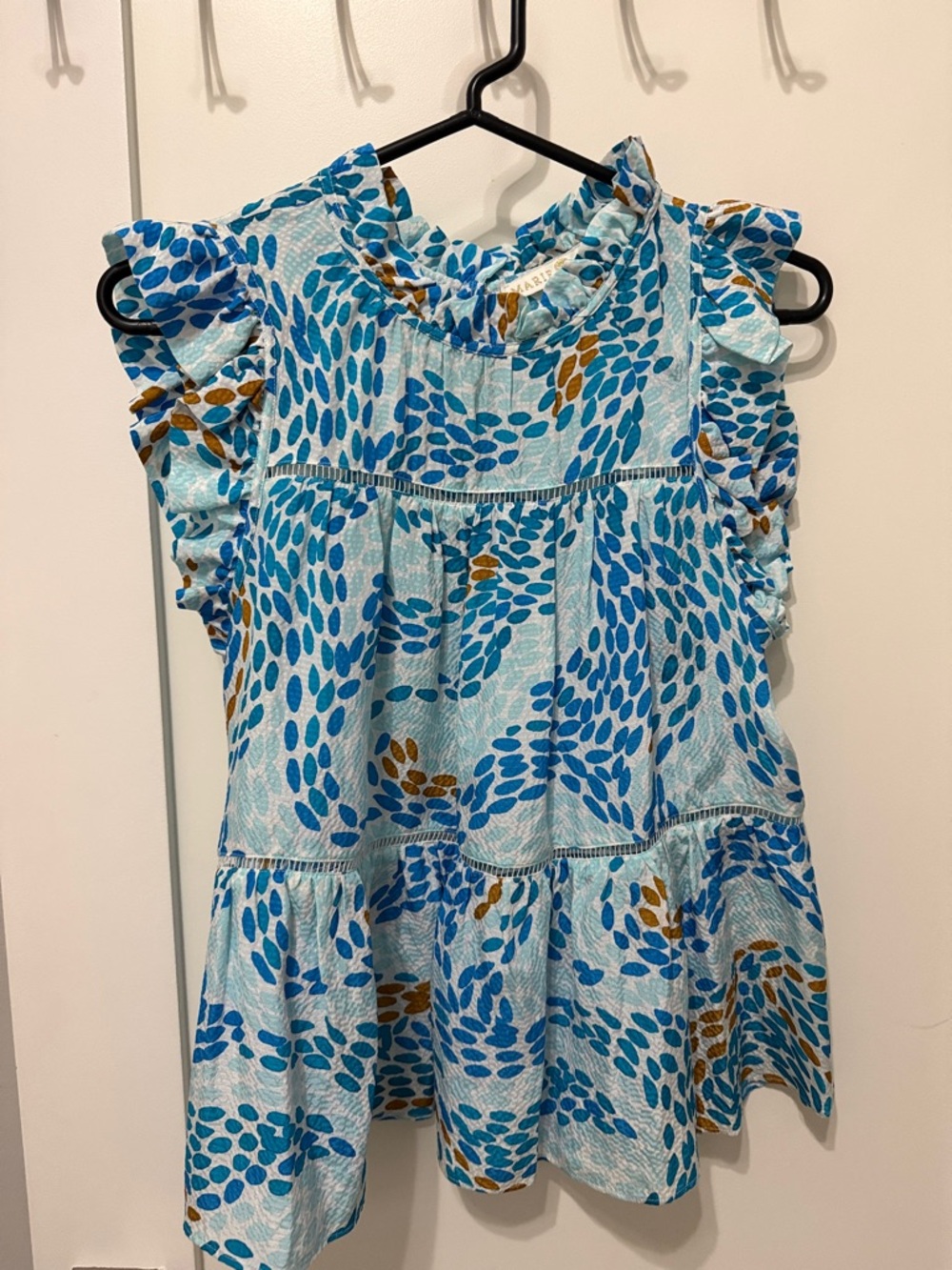 Marie Oliver Sky Blue and Teal Leaf-Print Tiered Dress